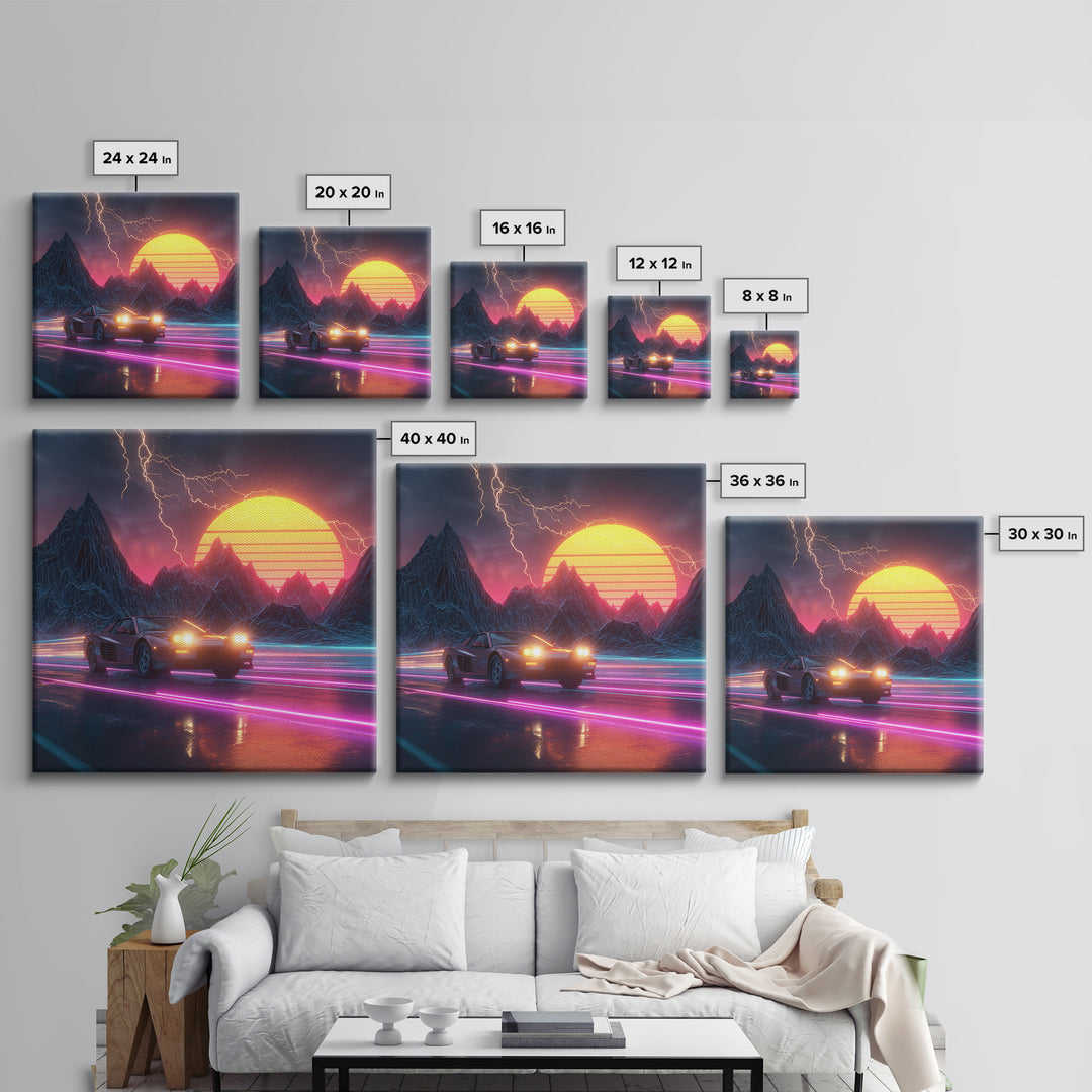 Retro Sports Car In Neon Sunset Mountains Wall Art, Cyberpunk Cityscape Canvas Print, Futuristic Gaming Room Decor