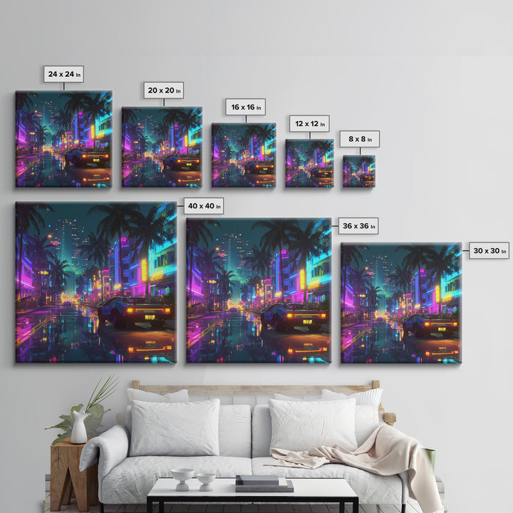 Neon Retro Futuristic City Street Wall Art, Cyberpunk Car Night Cityscape Print, Gaming Room Decor Canvas Print