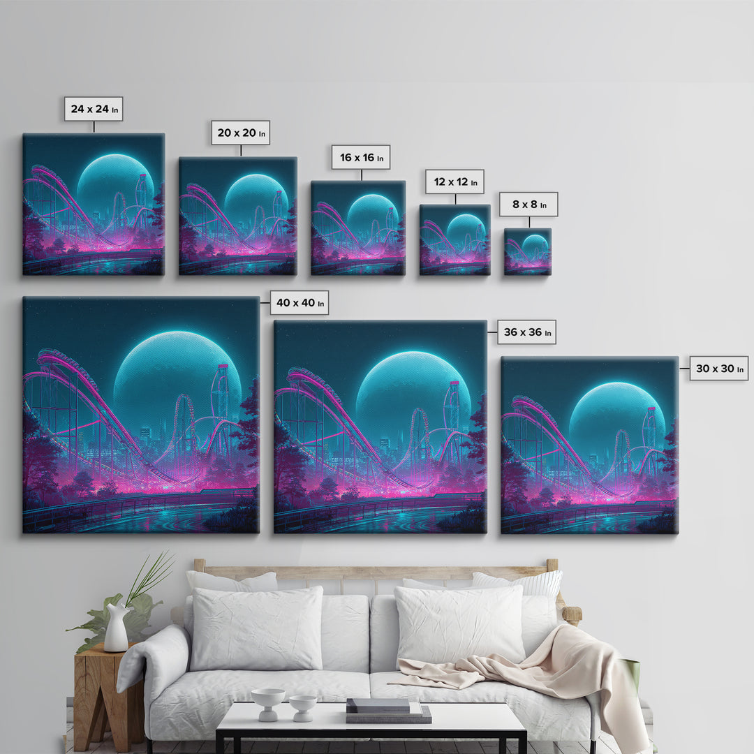 Neon Roller Coaster Under Full Moon Wall Art, Futuristic Night Amusement Park Canvas Print, Cyberpunk Gaming Decor