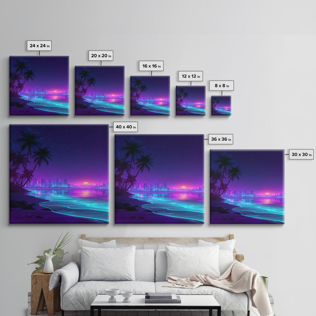 Neon City Beach Sunset Wall Art, Retro Futuristic Coastal Landscape Canvas Print, Modern Coastal Home Decor