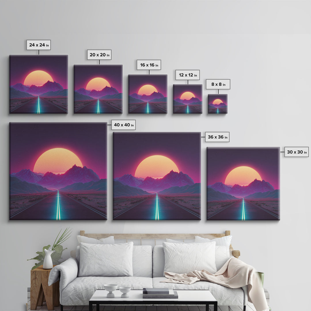 Neon Sunset Mountain Road Wall Art, Retro Futuristic Landscape Canvas Print, Cyberpunk Space Art For Gaming Room And Modern Home Decor