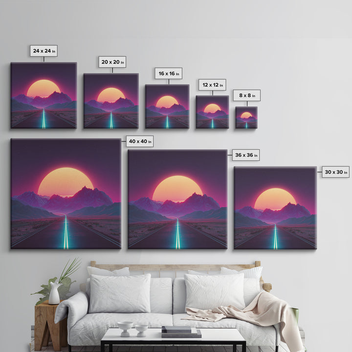 Neon Sunset Mountain Road Wall Art, Retro Futuristic Landscape Canvas Print, Cyberpunk Space Art For Gaming Room And Modern Home Decor