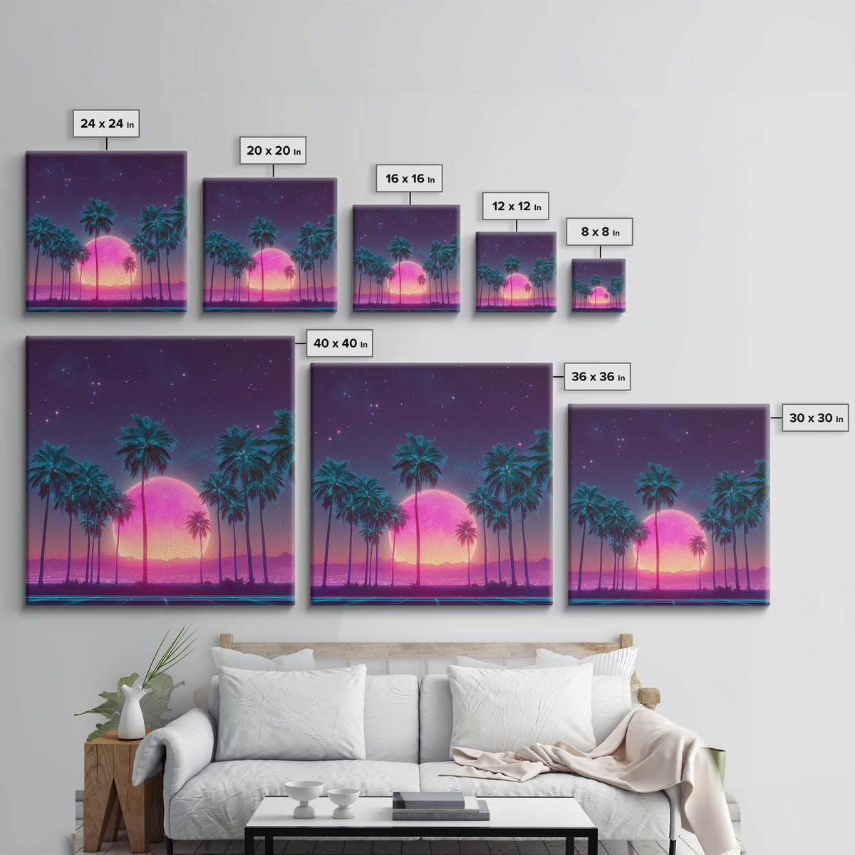 Vibrant Neon Cityscape With Palm Trees And Pink Moon Night Sky Futuristic Wall Art Framed Canvas Print For Living Room