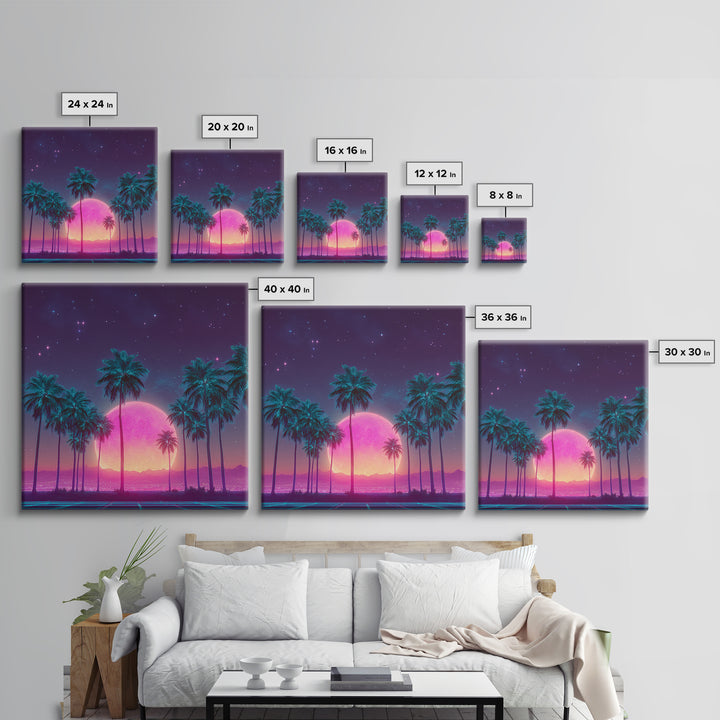 Vibrant Neon Cityscape With Palm Trees And Pink Moon Night Sky Futuristic Wall Art Framed Canvas Print For Living Room
