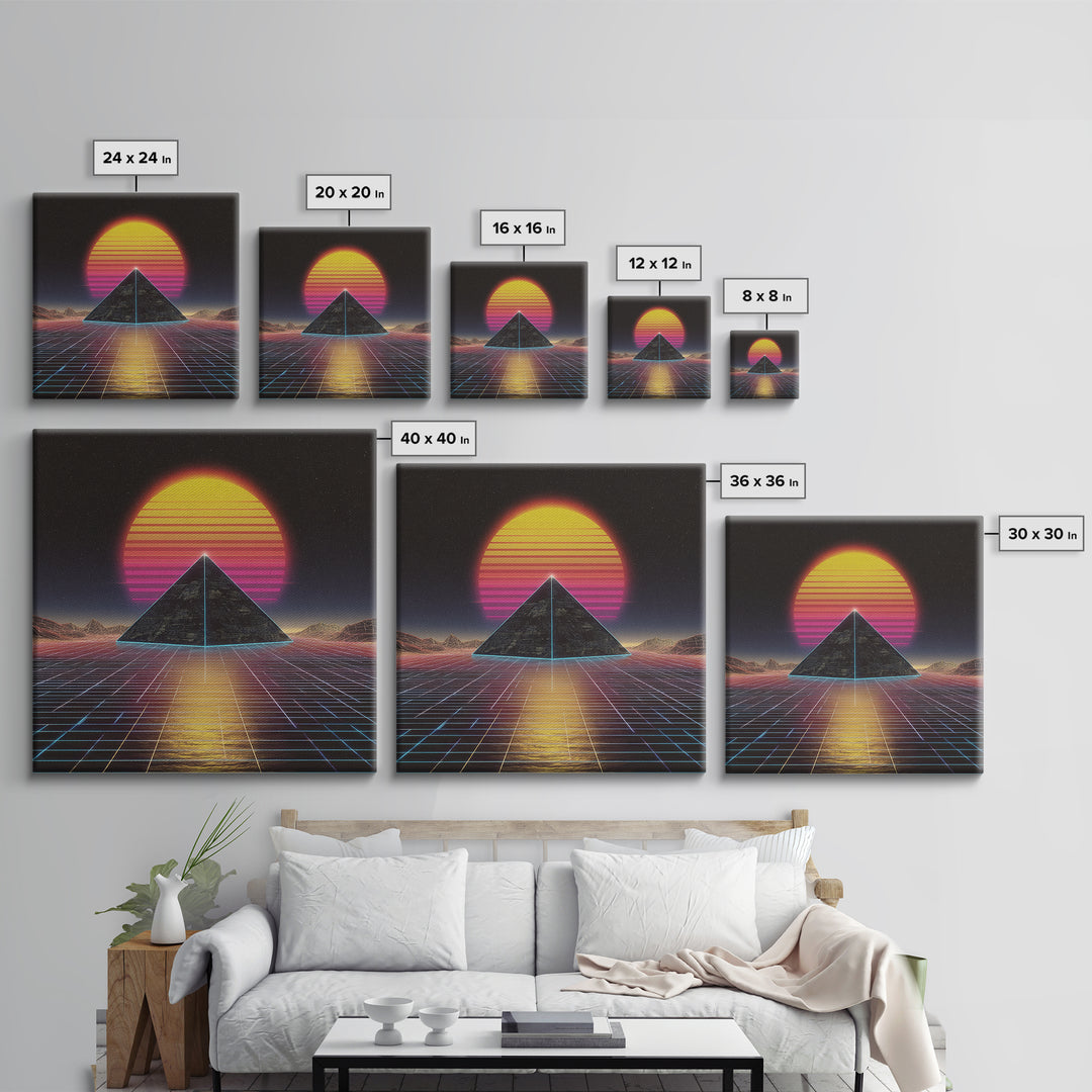 Retro Synthwave Pyramid Sunset Wall Art, Neon Grid Landscape Canvas Print, 80s Aesthetic Home Decor, Sci Fi Poster