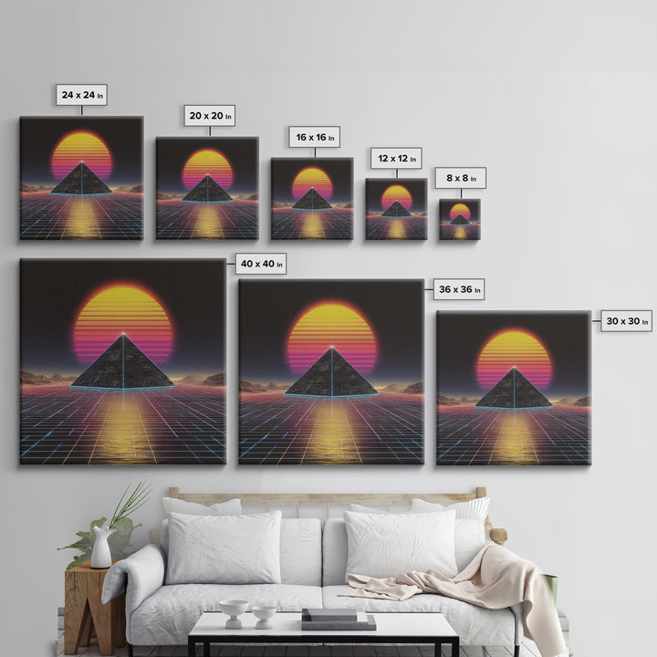 Retro Synthwave Pyramid Sunset Wall Art, Neon Grid Landscape Canvas Print, 80s Aesthetic Home Decor, Sci Fi Poster