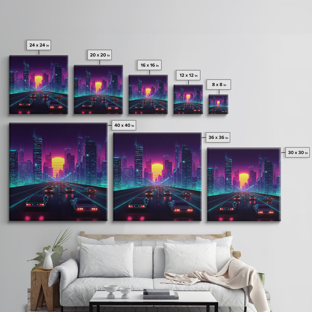 Neon Retro Highway Cityscape Wall Art, Futuristic Synthwave Sunset Canvas Print, Cyberpunk City Modern Home Decor