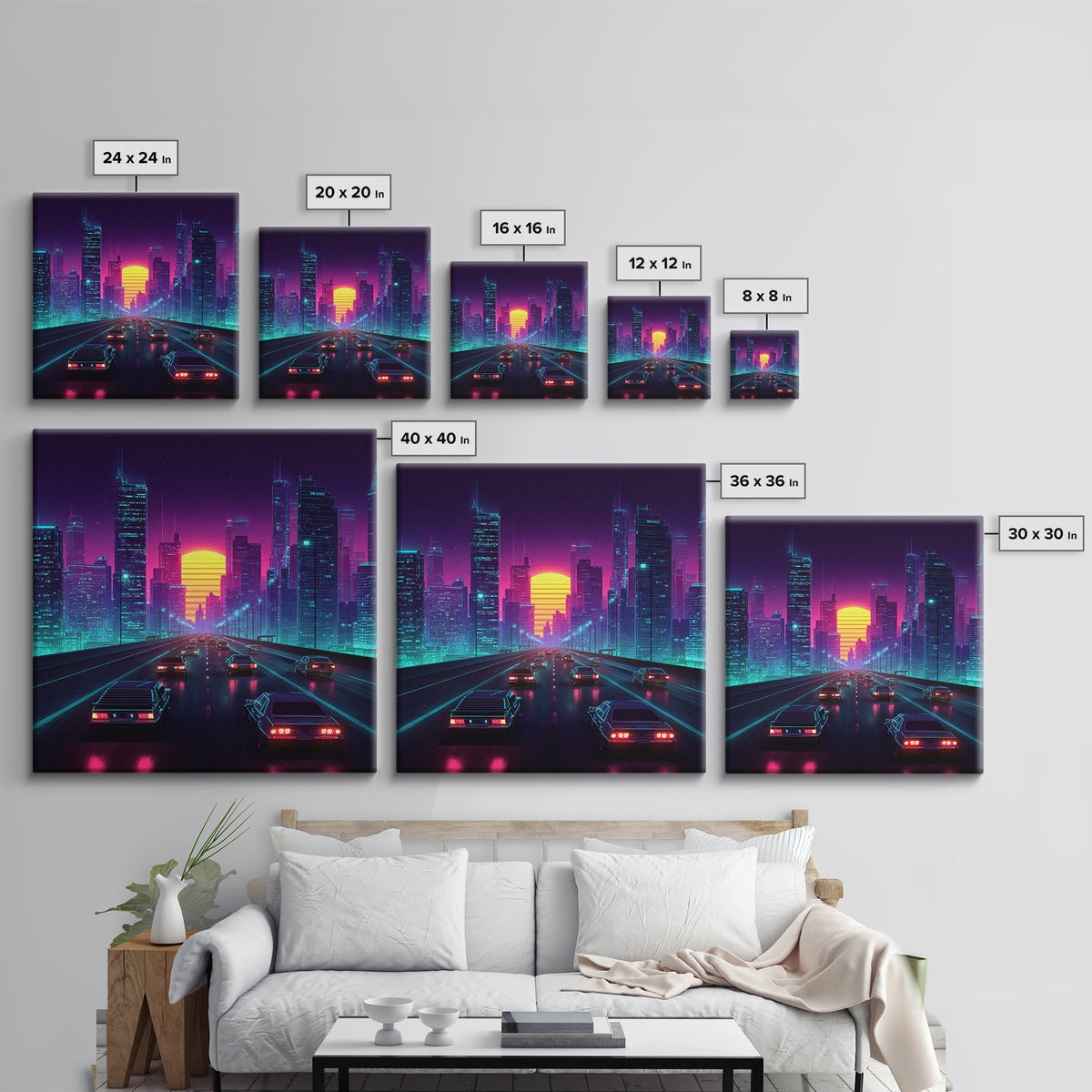 Neon Retro Highway Cityscape Wall Art, Futuristic Synthwave Sunset Canvas Print, Cyberpunk City Modern Home Decor