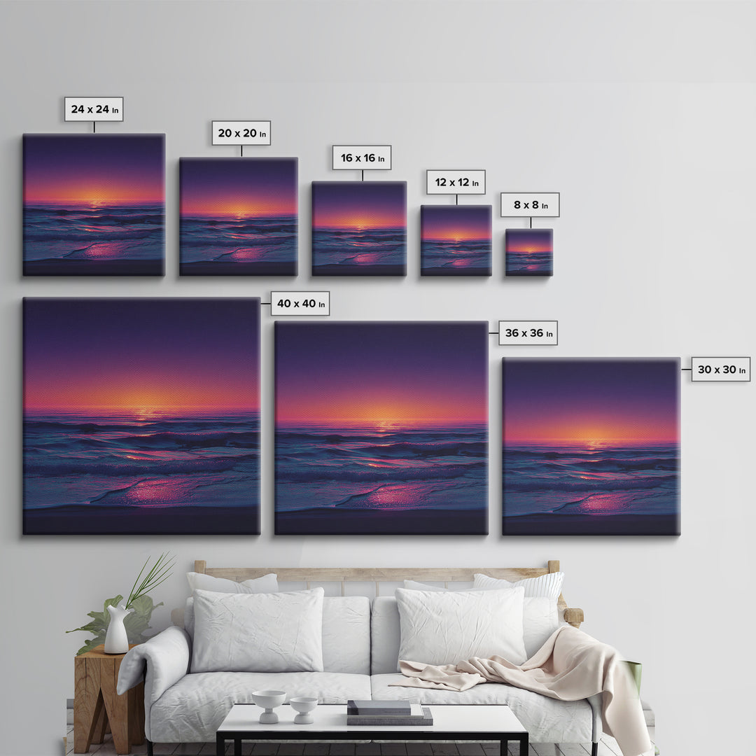 Neon Sunset Over Ocean Waves Wall Art, Colorful Coastal Landscape Print, Modern Beach House Decor Canvas Print