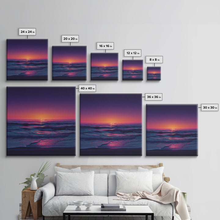 Neon Sunset Over Ocean Waves Wall Art, Colorful Coastal Landscape Print, Modern Beach House Decor Canvas Print