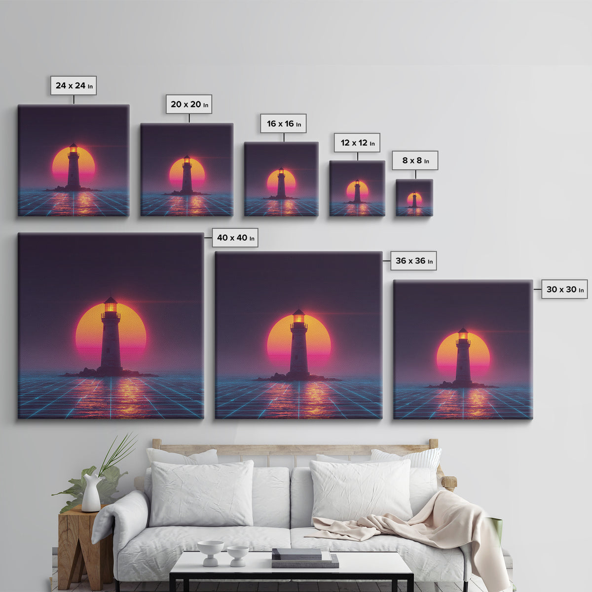 Retro Futuristic Lighthouse Neon Sunset Canvas Print, Synthwave Coastal Wall Art, Vaporwave Ocean Scene For Gaming Room Decor
