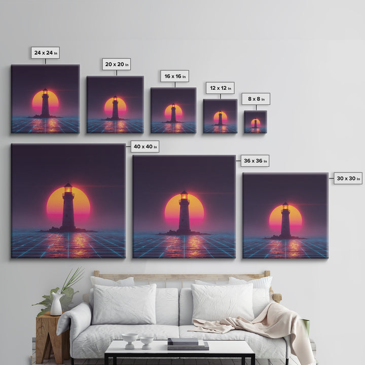 Retro Futuristic Lighthouse Neon Sunset Canvas Print, Synthwave Coastal Wall Art, Vaporwave Ocean Scene For Gaming Room Decor