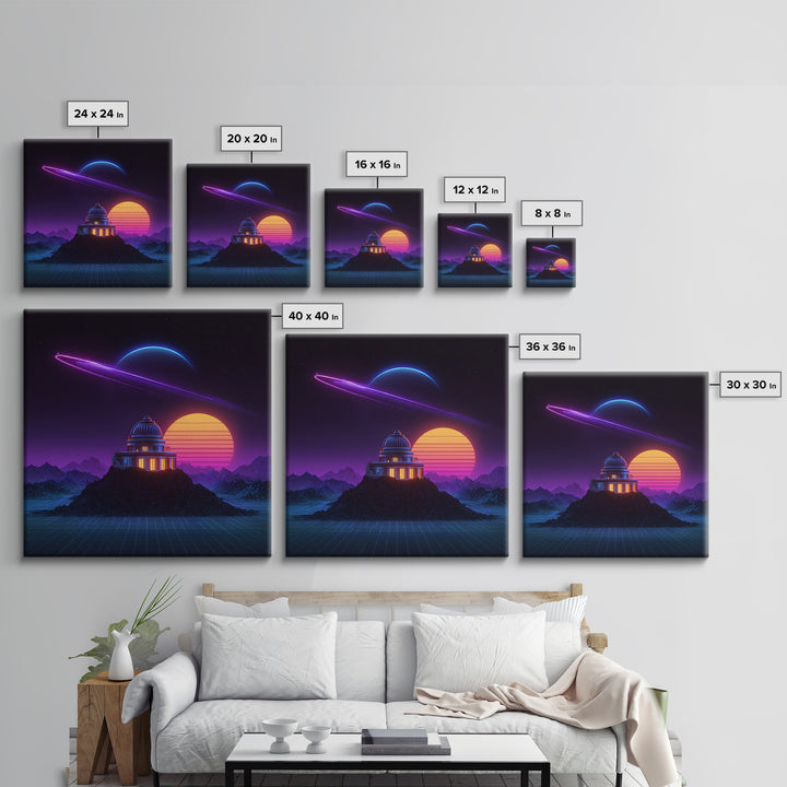 Retro Futuristic Observatory Space Landscape Wall Art, Neon Planet Sci Fi Canvas Print, Vaporwave Decor For Gaming Room