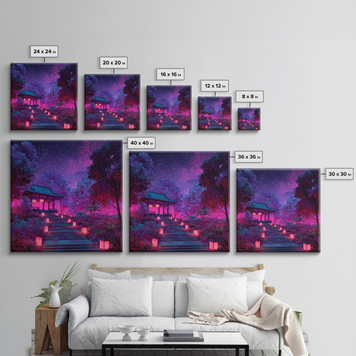 Neon Garden Lantern Path Under Starry Sky Wall Art, Dreamy Japanese Landscape Canvas Print, Aesthetic Room Decor