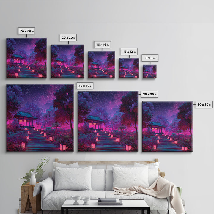 Neon Garden Lantern Path Under Starry Sky Wall Art, Dreamy Japanese Landscape Canvas Print, Aesthetic Room Decor