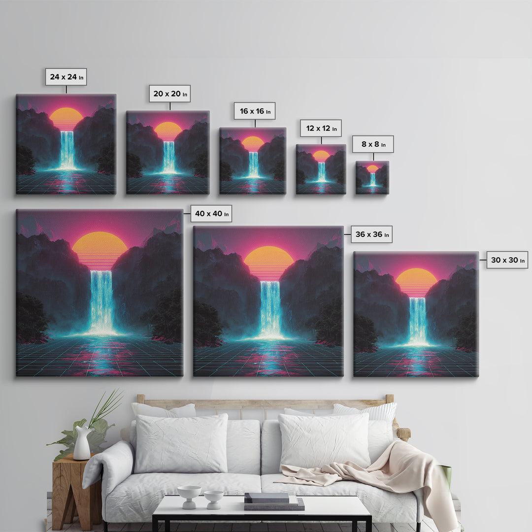 Neon Waterfall Sunset Sci Fi Landscape Wall Art Retro Futuristic Mountain Canvas Print For Gaming Room Modern Home Decor
