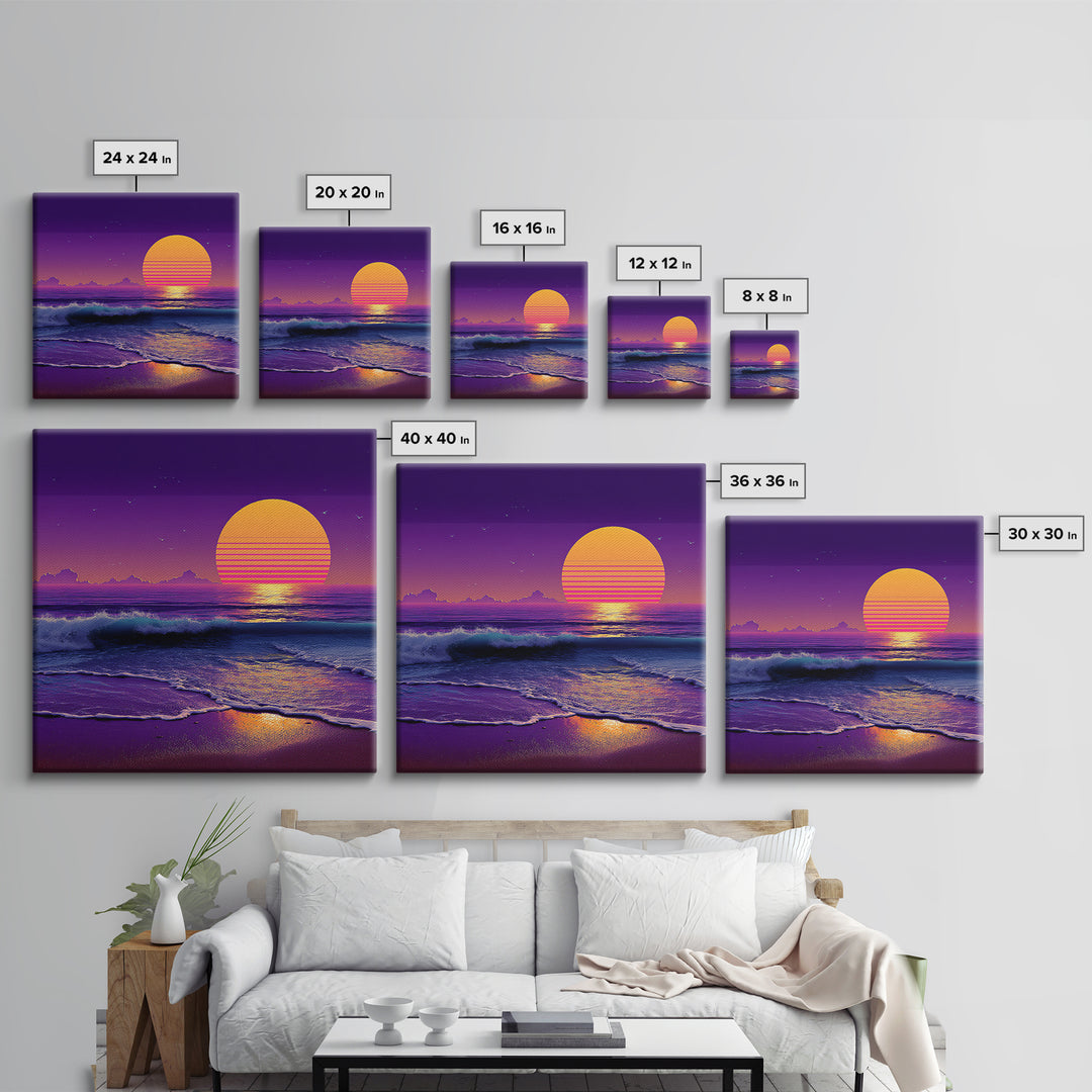 Neon Waves At Dusk Ocean Wall Art, Retro Sunset Beach Print, Vibrant Coastal Home Decor, Synthwave Seascape Living Room Wall Art