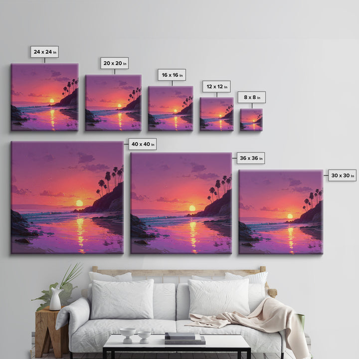 Tropical Sunset Beach Wall Art, Pink Orange Ocean Painting, Coastal Landscape Print, Modern Coastal Decor Framed Canvas Print