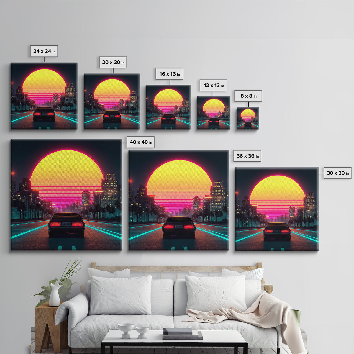 Retro Neon Car Driving Into Sunset Cityscape Wall Art Modern Abstract Framed Canvas Print Home Decor