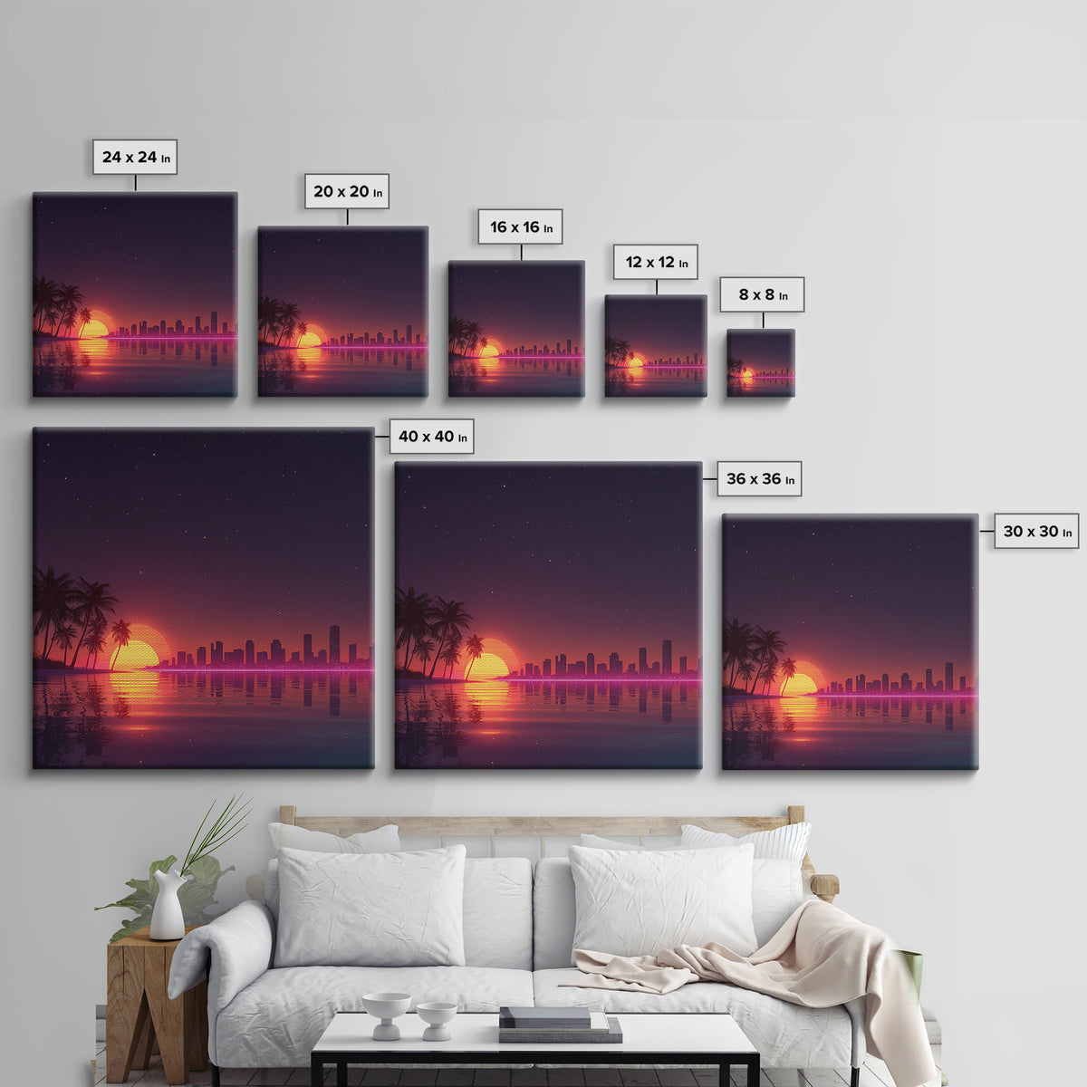 Neon City Skyline Sunset Over Water Retro Coastal Wall Art, Vibrant Nightscape Canvas Print For Modern Home Decor
