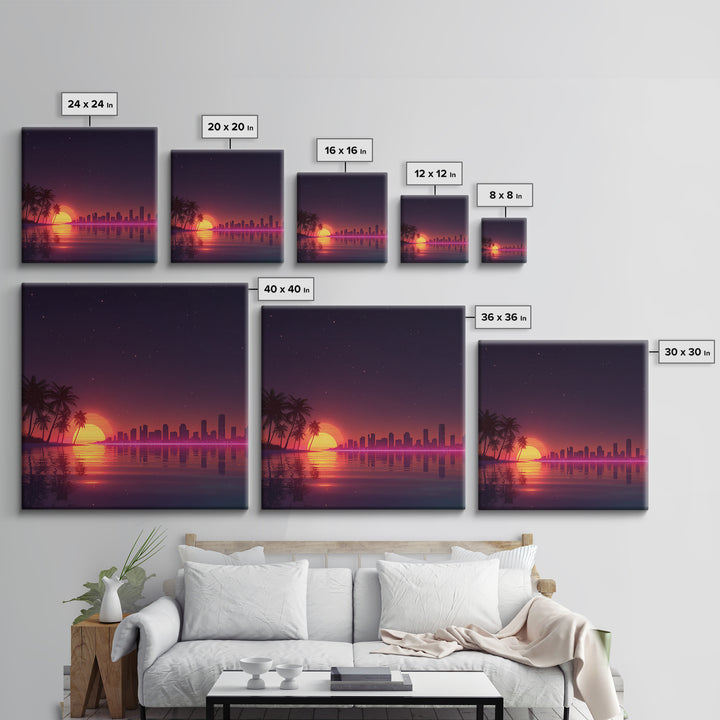 Neon City Skyline Sunset Over Water Retro Coastal Wall Art, Vibrant Nightscape Canvas Print For Modern Home Decor
