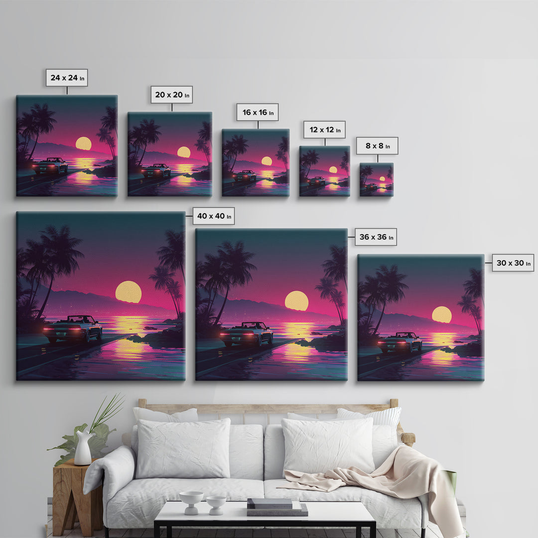 Retro Convertible Driving Into Neon Sunset Wall Art, 80s Aesthetic Beach Road Canvas Print, Vaporwave Room Decor