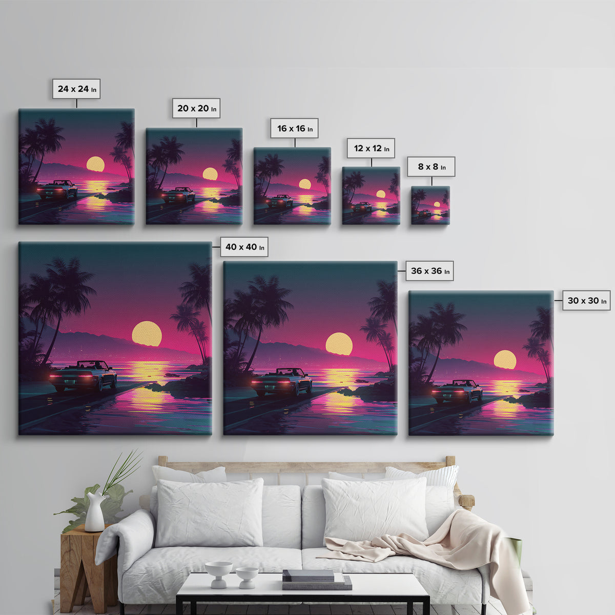 Retro Convertible Driving Into Neon Sunset Wall Art, 80s Aesthetic Beach Road Canvas Print, Vaporwave Room Decor