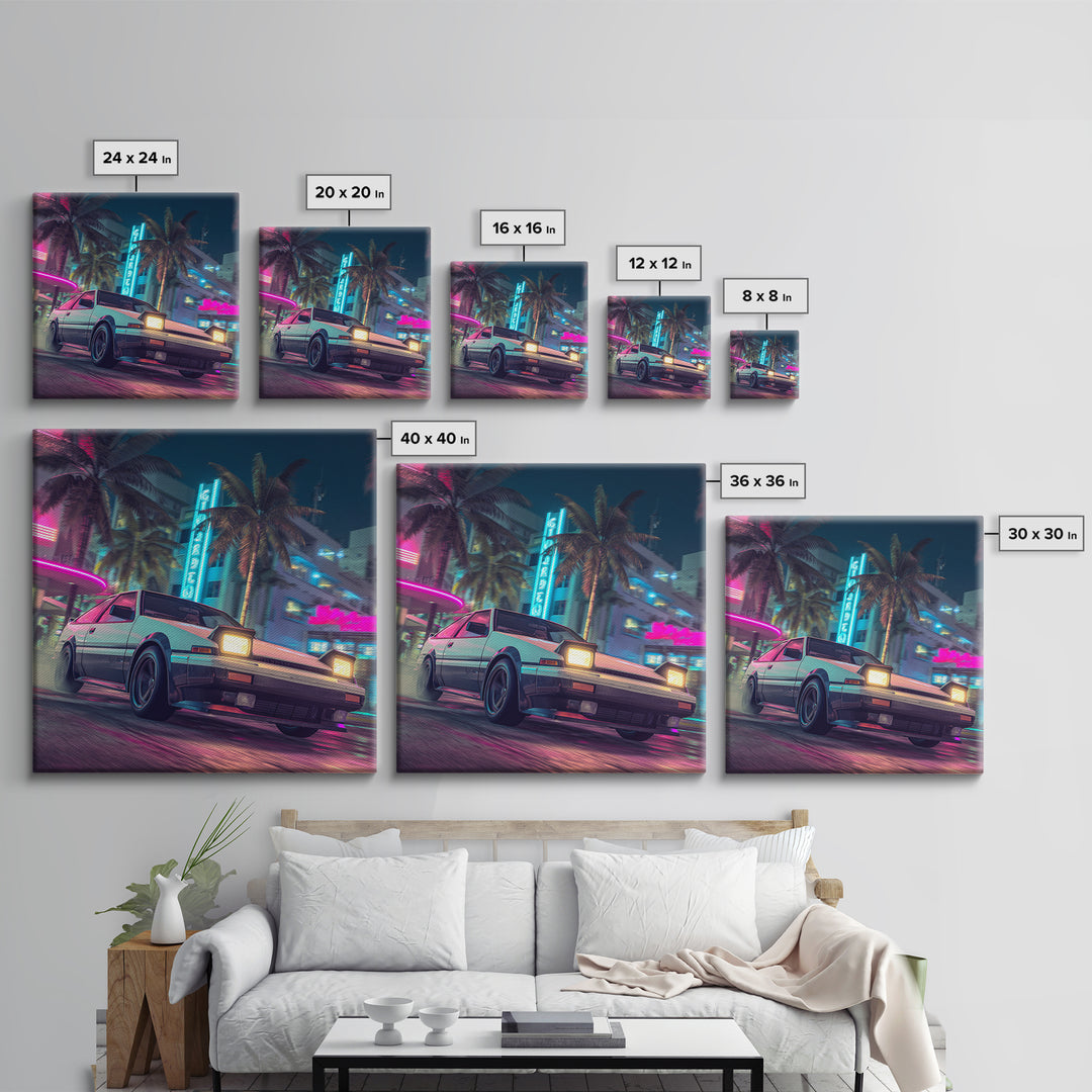 Retro Night City Car Wall Art, Neon Cyberpunk Street Canvas Print, Futuristic Cityscape Art, Gaming Room Decor Poster