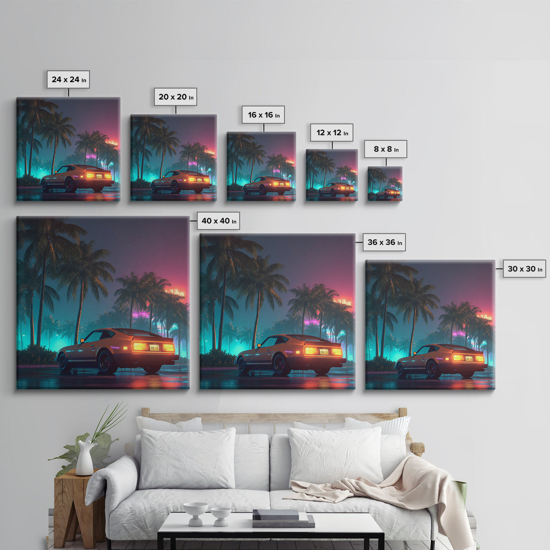Retro Night Drive Wall Art, Neon Palm Street With Classic Car Canvas Print, Vaporwave Aesthetic Decor