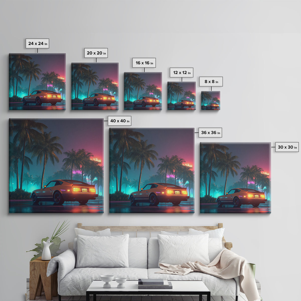 Retro Night Drive Wall Art, Neon Palm Street With Classic Car Canvas Print, Vaporwave Aesthetic Decor