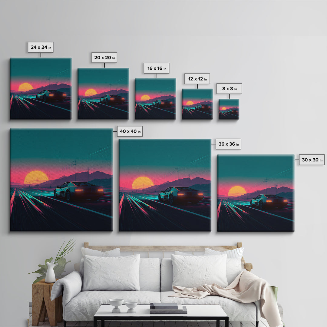 Retro Sports Car At Neon Sunset Highway Canvas Print, Vaporwave Wall Art, Cyberpunk Room Decor, Futuristic Landscape Poster