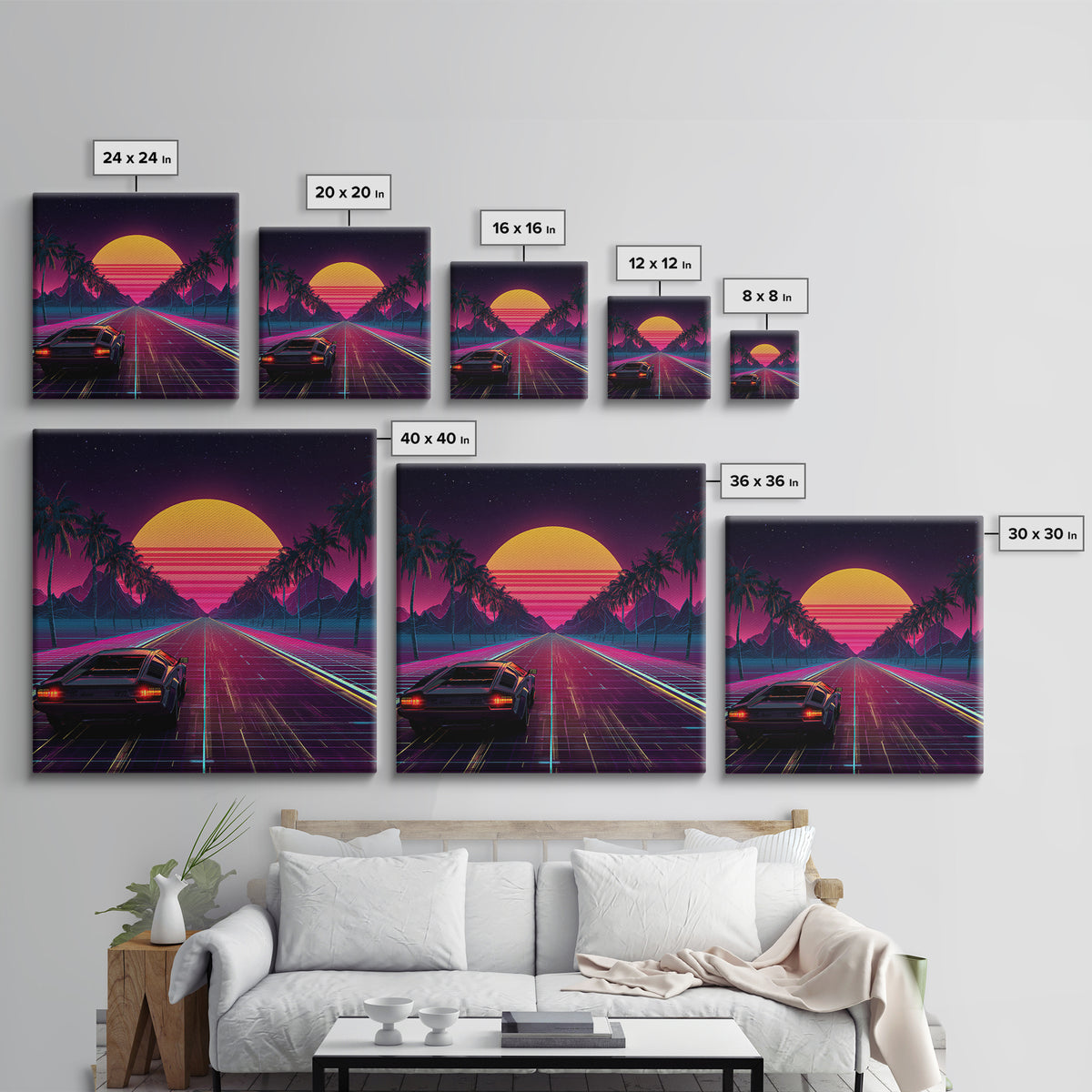 Retro Synthwave Car Driving Into Neon Sunset Wall Art, 80s Vaporwave Palm Road Aesthetic Canvas Print