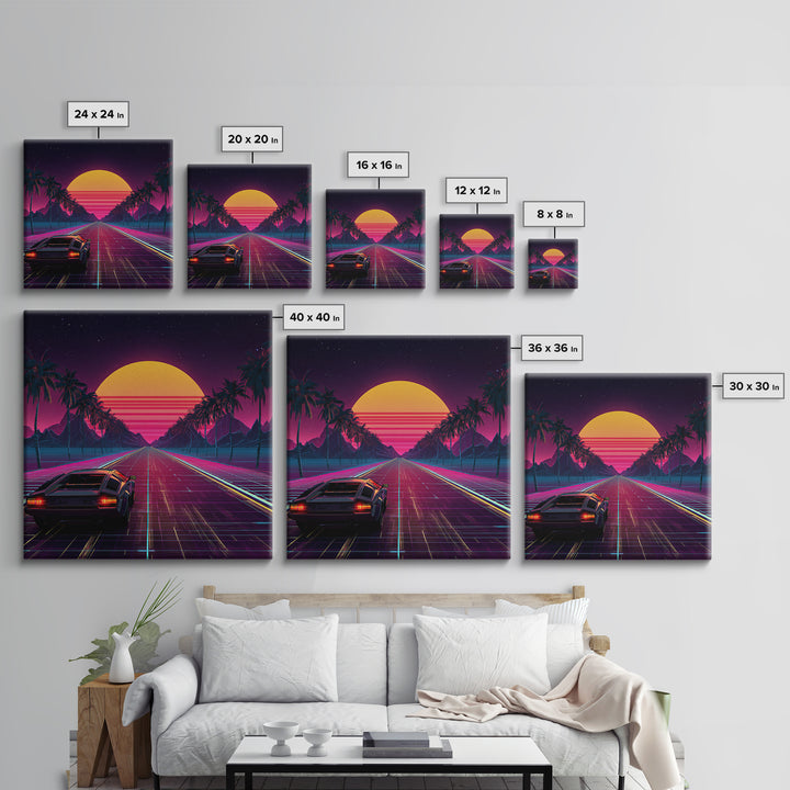 Retro Synthwave Car Driving Into Neon Sunset Wall Art, 80s Vaporwave Palm Road Aesthetic Canvas Print