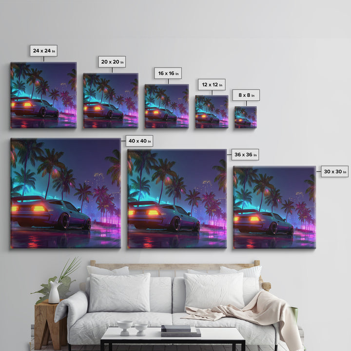 Neon Sports Car Palm Tree Night Wall Art, Retro Coastal City Canvas Print, Cyberpunk Beach Aesthetic Room Decor