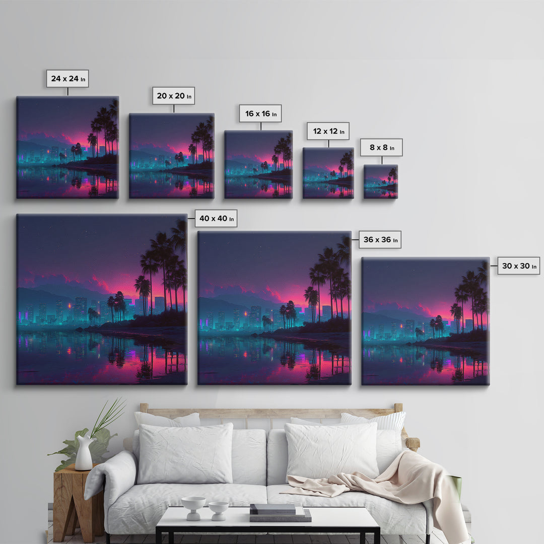 Neon City Beach Sunset Canvas Print, Retro Futuristic Coastal Wall Art, Vaporwave Room Decor Modern Living Room Wall Art
