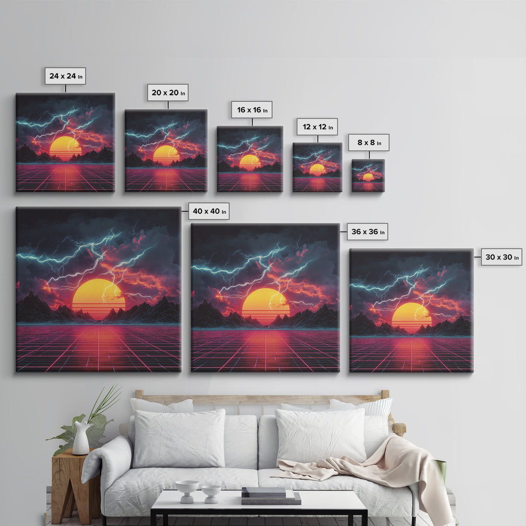 Retro Futuristic Sunset Lightning Landscape Wall Art Neon Grid Sci Fi Canvas Print Gaming Room Decor
