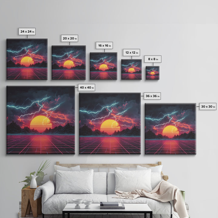 Retro Futuristic Sunset Lightning Landscape Wall Art Neon Grid Sci Fi Canvas Print Gaming Room Decor