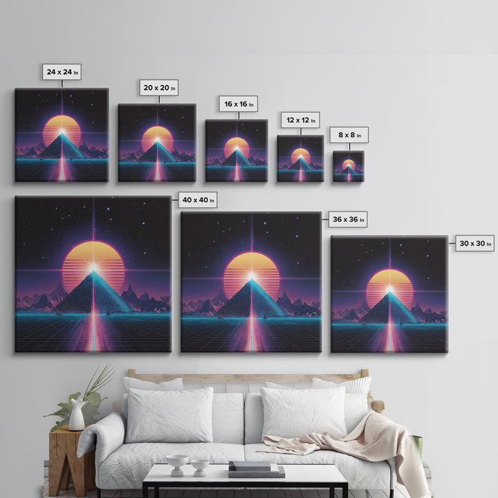 Retro Synthwave Pyramid And Sun Wall Art, Neon 80s Sci Fi Landscape, Vaporwave Gaming Room Decor, Framed Canvas Print
