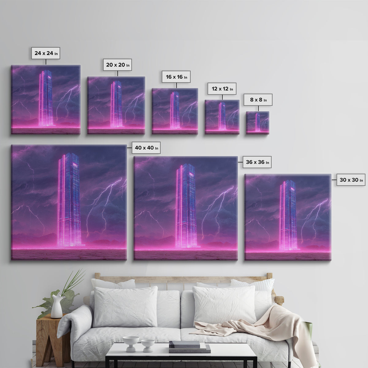 Neon Skyscraper In Storm Futuristic Wall Art, Cyberpunk Cityscape Painting, Sci Fi Modern Art Print, Gaming Room Canvas Print