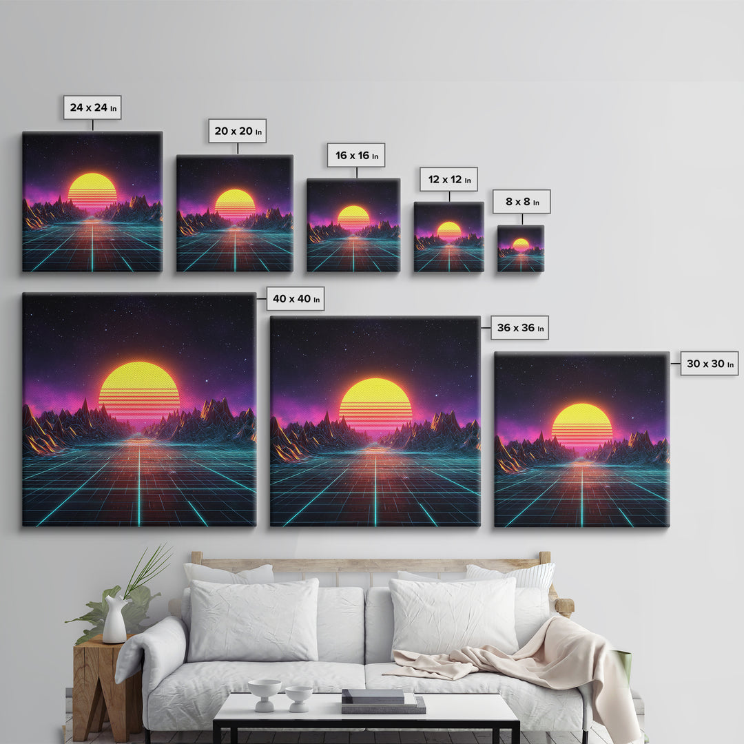 Retro Synthwave Sunset Landscape Canvas Print, Neon Cyberpunk Mountain Road Art, Gaming Room Decor Modern Wall Art