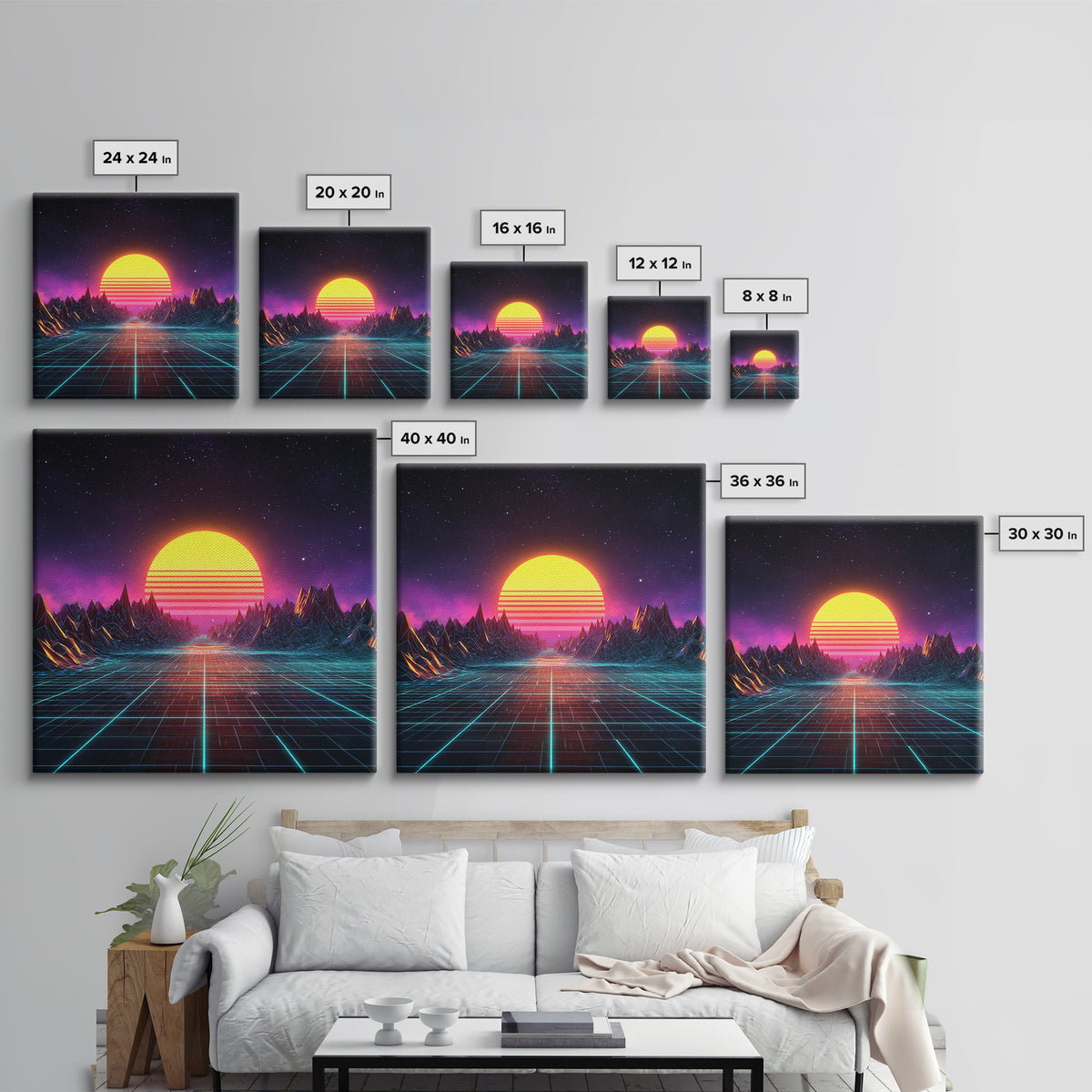 Retro Synthwave Sunset Landscape Canvas Print, Neon Cyberpunk Mountain Road Art, Gaming Room Decor Modern Wall Art