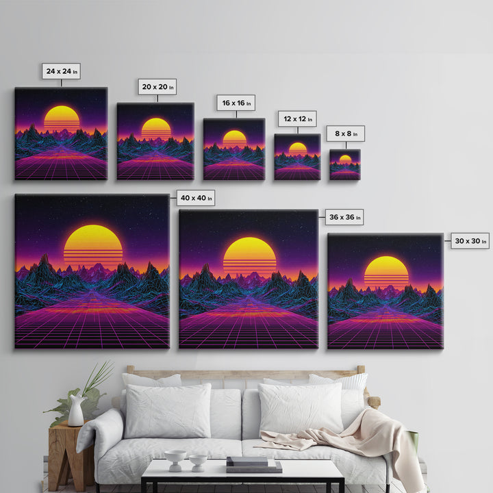 Retro Futuristic Neon Sunset Landscape Wall Art, Synthwave Mountains, 80s Vaporwave Canvas Print Home Decor