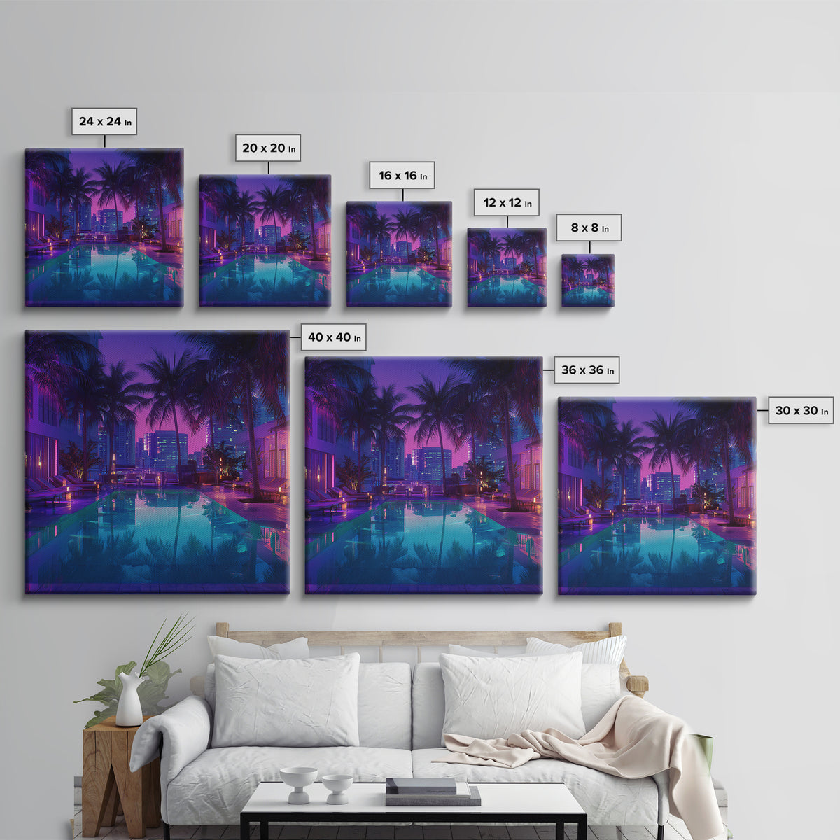 Neon City Rooftop Pool Nightscape Wall Art, Tropical Palm Skyline Print, Modern Urban Apartment Decor Wall Art