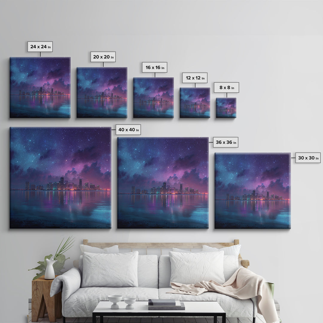 Neon City Skyline Under Starry Night Wall Art, Futuristic Coastal Canvas Print, Modern Apartment Decor