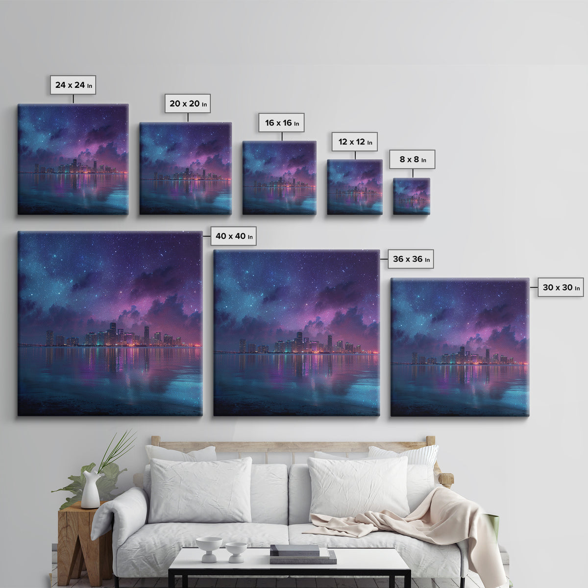 Neon City Skyline Under Starry Night Wall Art, Futuristic Coastal Canvas Print, Modern Apartment Decor
