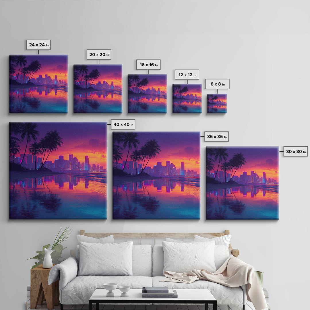Neon Tropical City Sunset Beach Wall Art, Vibrant Coastal Canvas Print For Modern Living Room Decor And Dorm Aesthetic