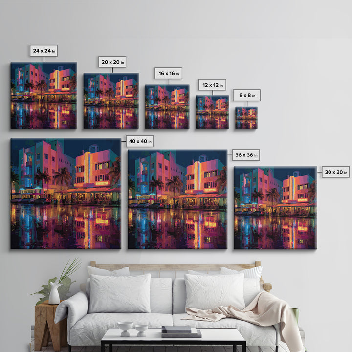 Modern Neon Cityscape At Sunset Urban Wall Art Framed Canvas Print For Contemporary Home Office Decor Gift