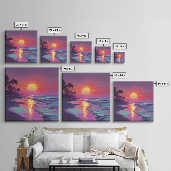Neon Sunset Beach With Palm Trees Wall Art, Vibrant Coastal Ocean Art Print, Modern Home Decor Living Room Wall Art
