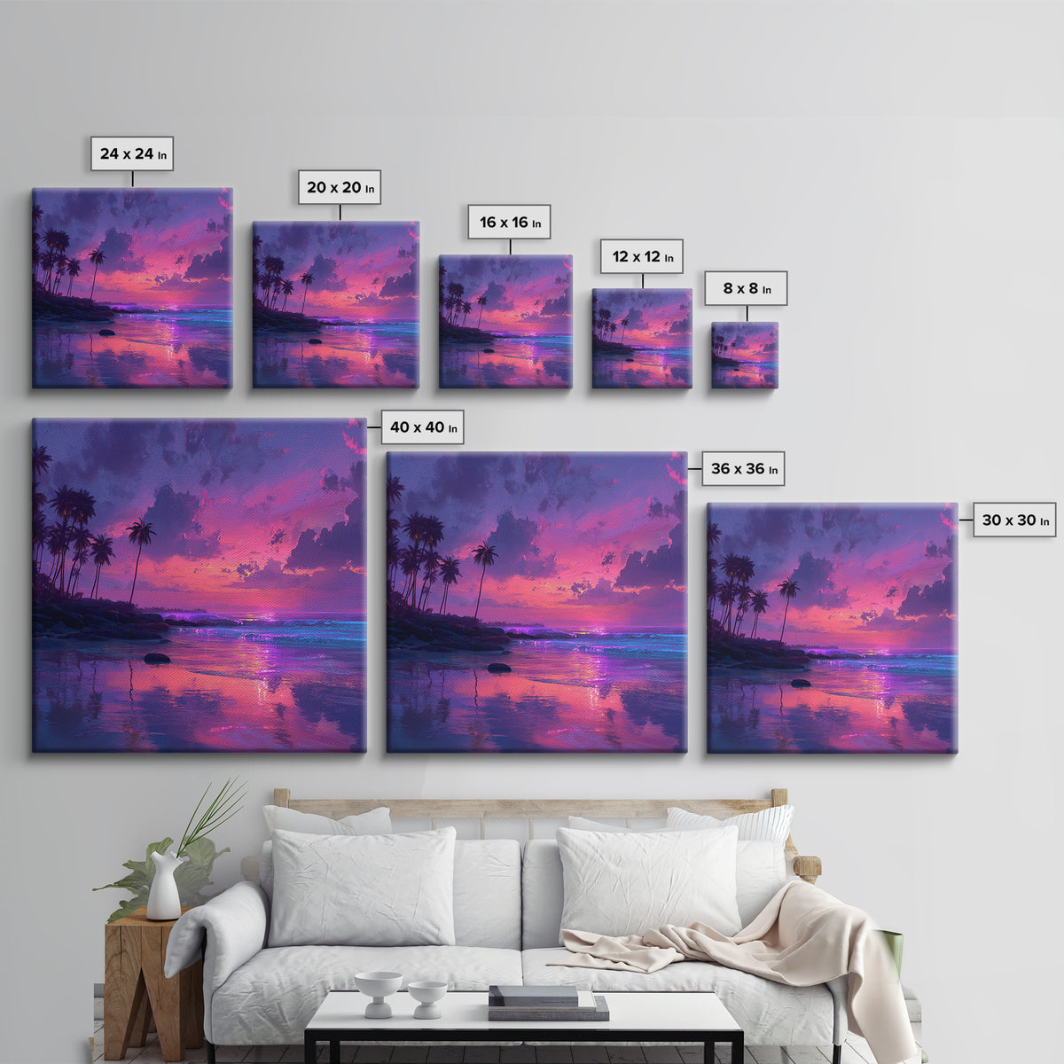 Vibrant Pink And Purple Tropical Seascape Wall Art, Palm Tree Sunset Ocean Landscape Canvas Print Decor