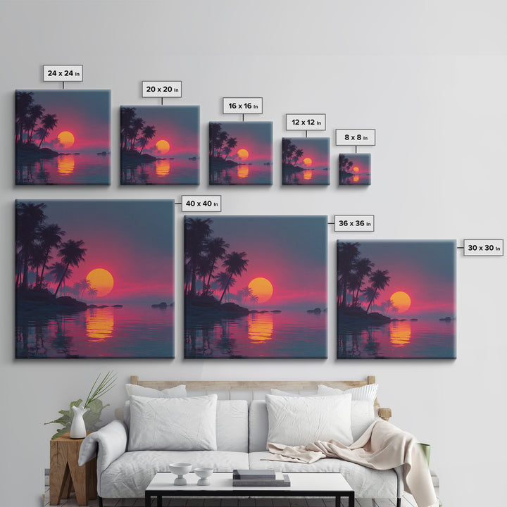 Pink And Teal Tropical Sunset Wall Art, Dreamy Coastal Landscape Canvas Print, Beach House Decor, Modern Ocean Painting